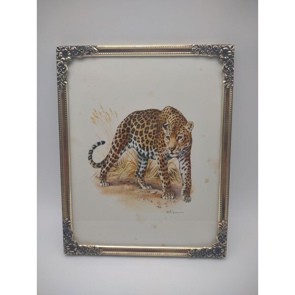 Vintage Leopard Wild Cat Print Wilhelm Eigener in Ornate Gold Metal Frame, READ - Picture 1 of 17